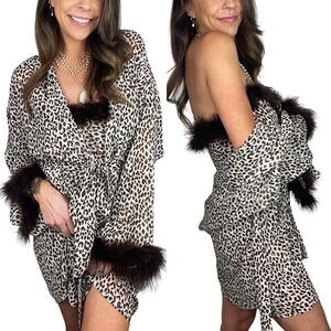 Vintage 80’s cheetah print feather boa trim sexy sheer slip and robe set size S